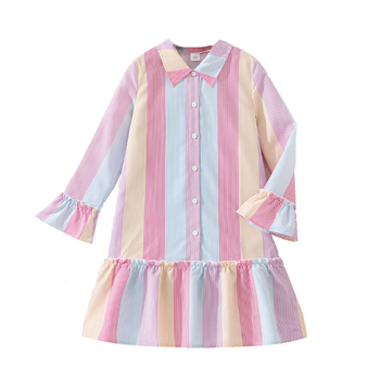 Dievčenské šaty s prúžkami, dlhé rukávy, košieľové šaty s A-liniou, polyesterový materiál