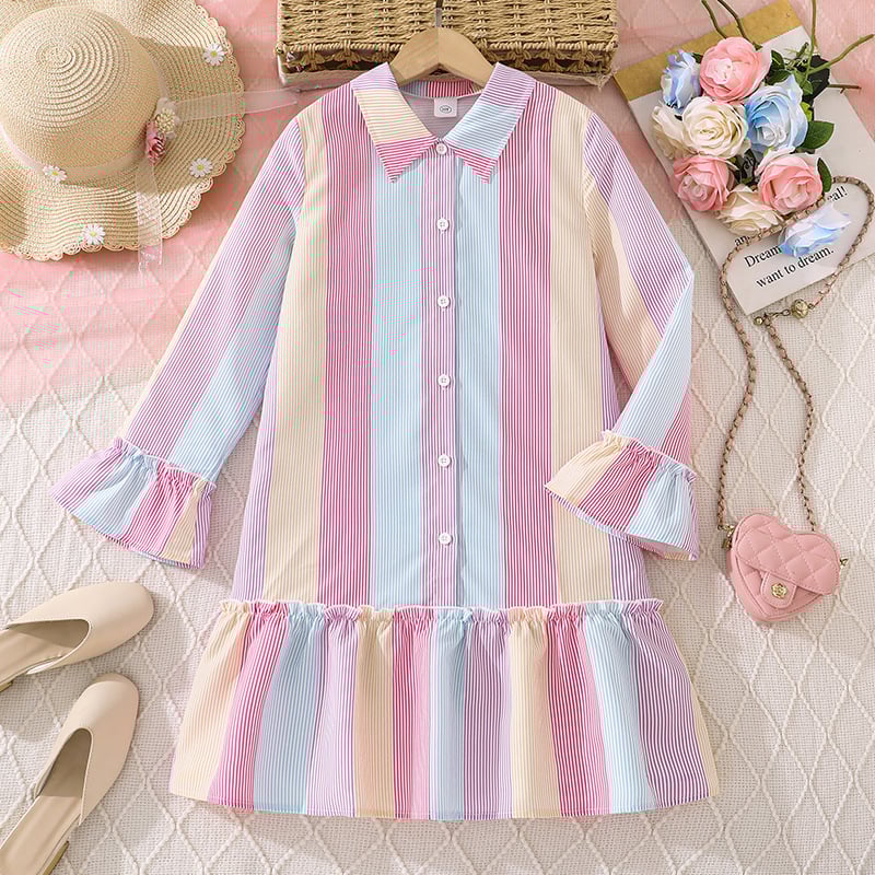 Dievčenské šaty s prúžkami, dlhé rukávy, košieľové šaty s A-liniou, polyesterový materiál