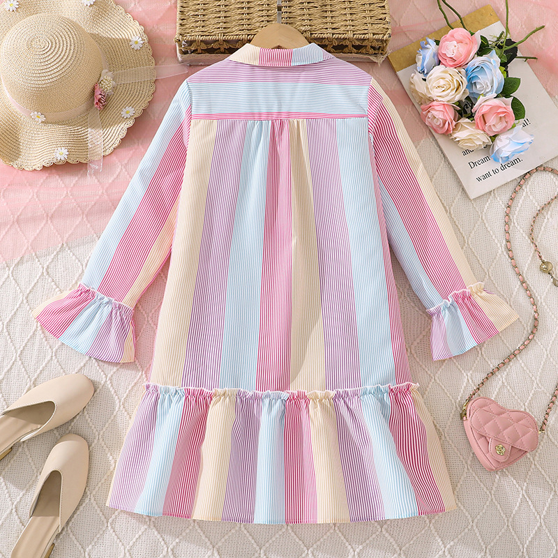 Dievčenské šaty s prúžkami, dlhé rukávy, košieľové šaty s A-liniou, polyesterový materiál