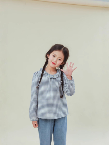 Bluză pentru copii din bumbac, model pătrat, broderie cu cireșe, mânecă lungă, guler dantelat, vârsta 3–8 ani, 100% bumbac, primăvară 2024