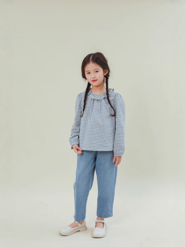 Bluză pentru copii din bumbac, model pătrat, broderie cu cireșe, mânecă lungă, guler dantelat, vârsta 3–8 ani, 100% bumbac, primăvară 2024