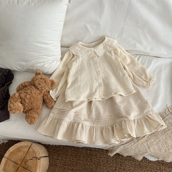 Detská košeľa s čipkovým golierom, kórejský štýl, 100% bavlna, dlhé rukávy, jednofarebný vzor