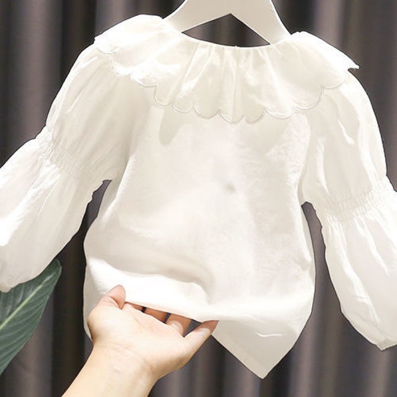 Detské tričko pre dievčatá s dlhým rukávom, sladký štýl, 91–95% bavlna, jednoliaty vzor, jar a jeseň