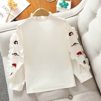 Cămașă pentru fetițe, stil dulce, mâneci lungi, guler rotund, imprimeu desen animat, 100% poliester, pentru primăvară și toamnă