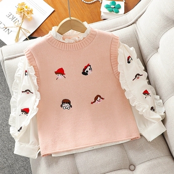 Cămașă pentru fetițe, stil dulce, mâneci lungi, guler rotund, imprimeu desen animat, 100% poliester, pentru primăvară și toamnă