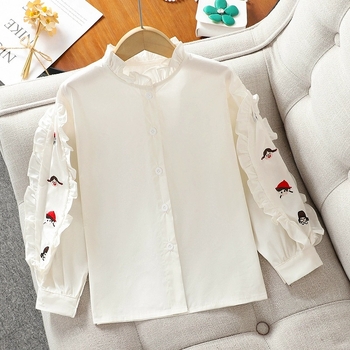 Cămașă pentru fetițe, stil dulce, mâneci lungi, guler rotund, imprimeu desen animat, 100% poliester, pentru primăvară și toamnă