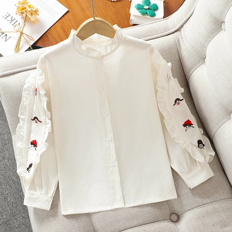 Cămașă pentru fetițe, stil dulce, mâneci lungi, guler rotund, imprimeu desen animat, 100% poliester, pentru primăvară și toamnă
