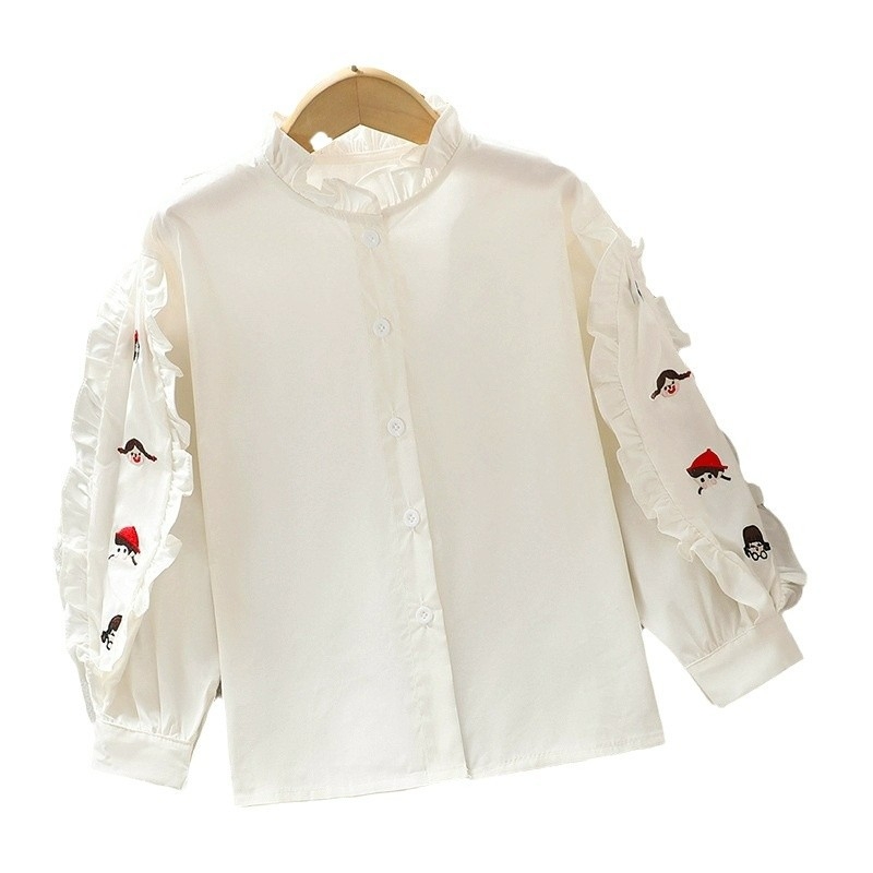 Cămașă pentru fetițe, stil dulce, mâneci lungi, guler rotund, imprimeu desen animat, 100% poliester, pentru primăvară și toamnă