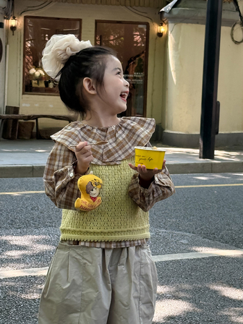 Dievčenská kockovaná košeľa, Korejský štýl, golier typu Lapel, dlhý rukáv, 100% bavlna