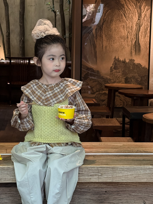 Dievčenská kockovaná košeľa, Korejský štýl, golier typu Lapel, dlhý rukáv, 100% bavlna