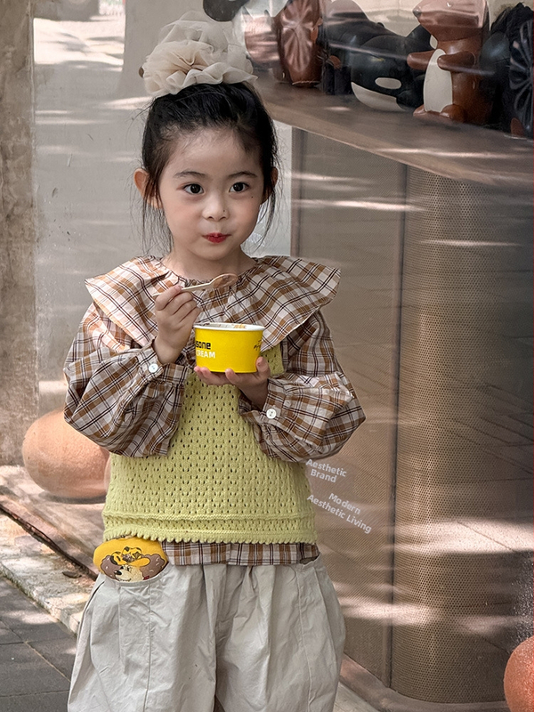 Dievčenská kockovaná košeľa, Korejský štýl, golier typu Lapel, dlhý rukáv, 100% bavlna