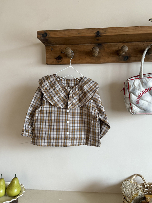 Dievčenská kockovaná košeľa, Korejský štýl, golier typu Lapel, dlhý rukáv, 100% bavlna