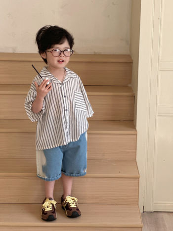 Cămașă pentru copii, imprimeu în dungilor în stil coreean, mâneci scurte, amestec din bumbac 85%, pentru 3–8 ani, Vară 2025