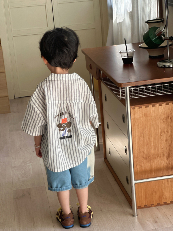 Cămașă pentru copii, imprimeu în dungilor în stil coreean, mâneci scurte, amestec din bumbac 85%, pentru 3–8 ani, Vară 2025