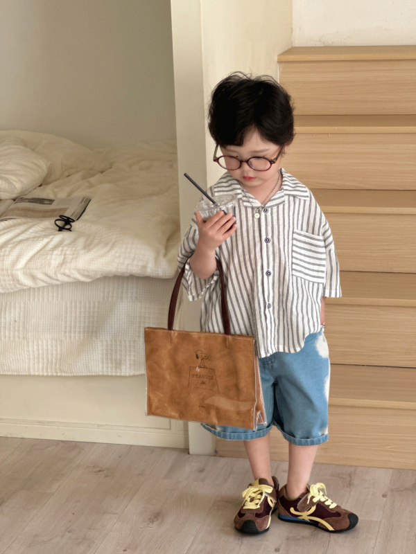 Cămașă pentru copii, imprimeu în dungilor în stil coreean, mâneci scurte, amestec din bumbac 85%, pentru 3–8 ani, Vară 2025