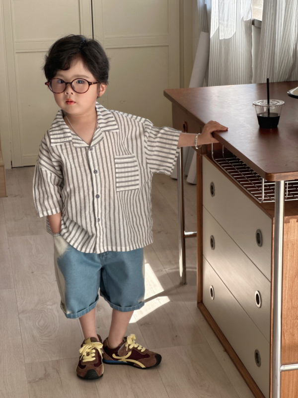 Cămașă pentru copii, imprimeu în dungilor în stil coreean, mâneci scurte, amestec din bumbac 85%, pentru 3–8 ani, Vară 2025