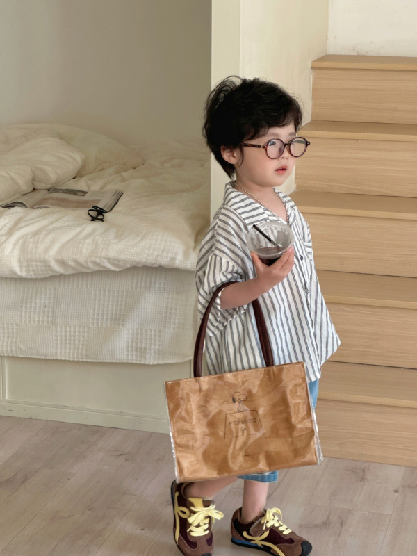 Cămașă pentru copii, imprimeu în dungilor în stil coreean, mâneci scurte, amestec din bumbac 85%, pentru 3–8 ani, Vară 2025