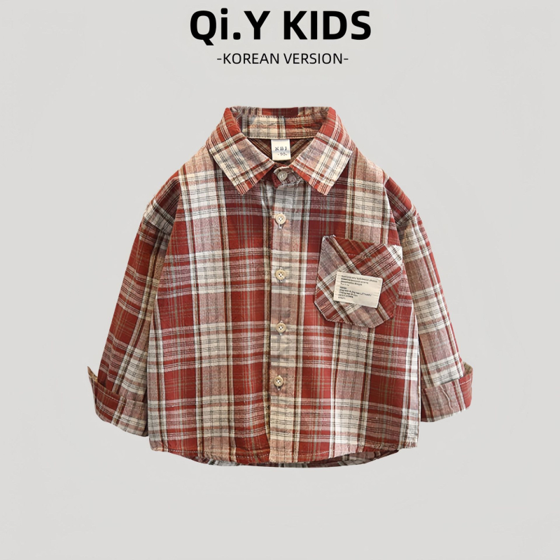 Chlapčenská kockovaná košeľa, 100% bavlna, dlhé rukávy, golier typu lapel, mäkké spracovanie látky