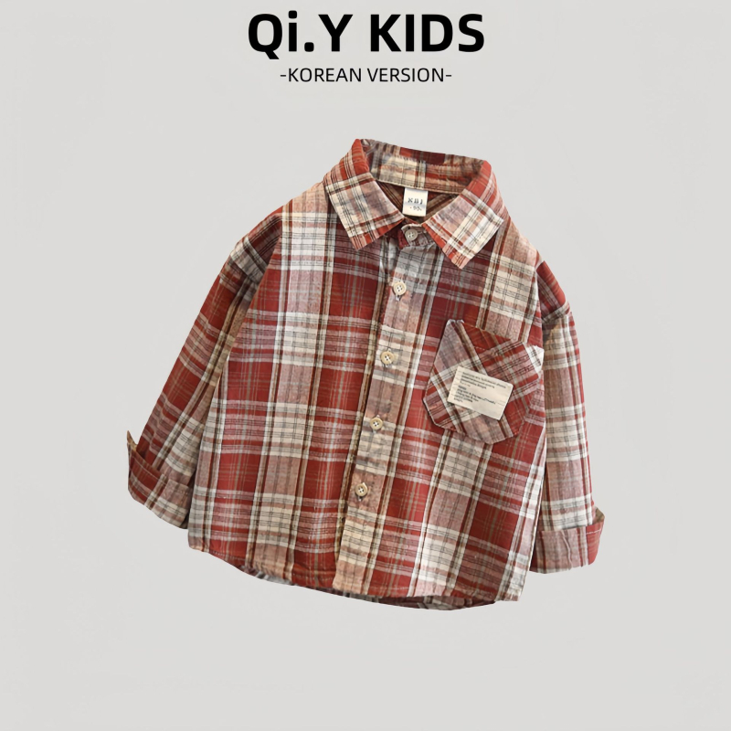 Chlapčenská kockovaná košeľa, 100% bavlna, dlhé rukávy, golier typu lapel, mäkké spracovanie látky