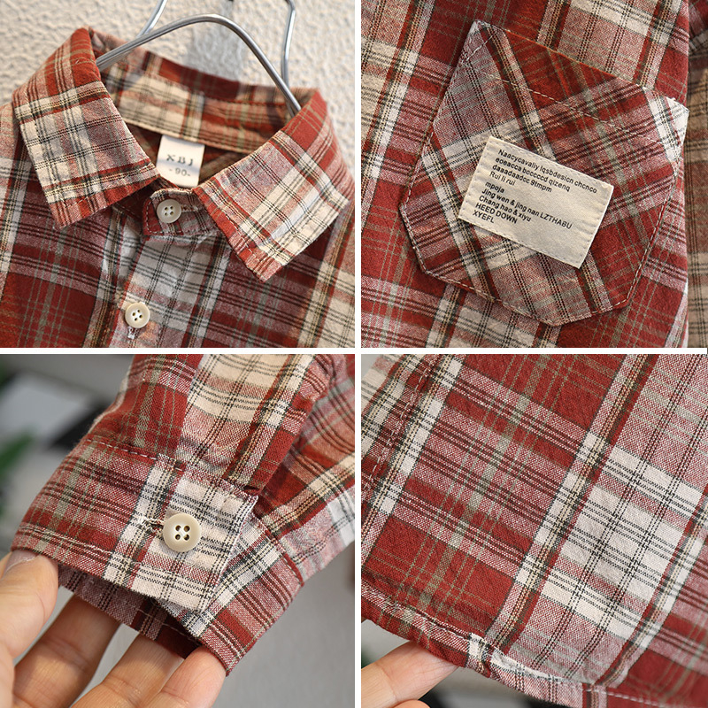 Chlapčenská kockovaná košeľa, 100% bavlna, dlhé rukávy, golier typu lapel, mäkké spracovanie látky