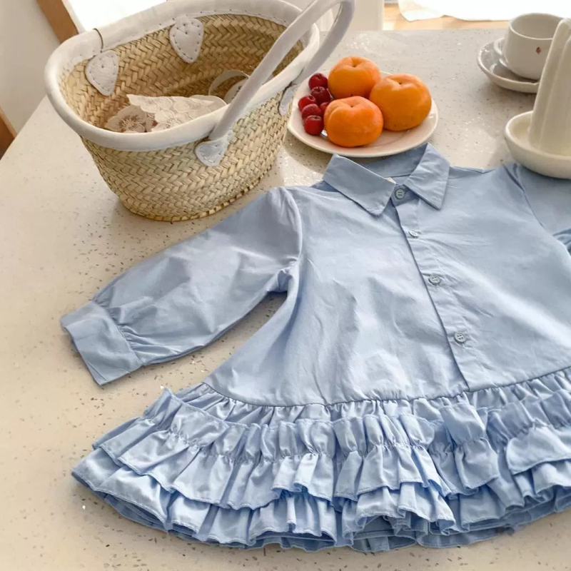 Dječja haljina s dugim rukavima, ovratnikom od košulje, patchwork dizajnom i slojevito suknjom