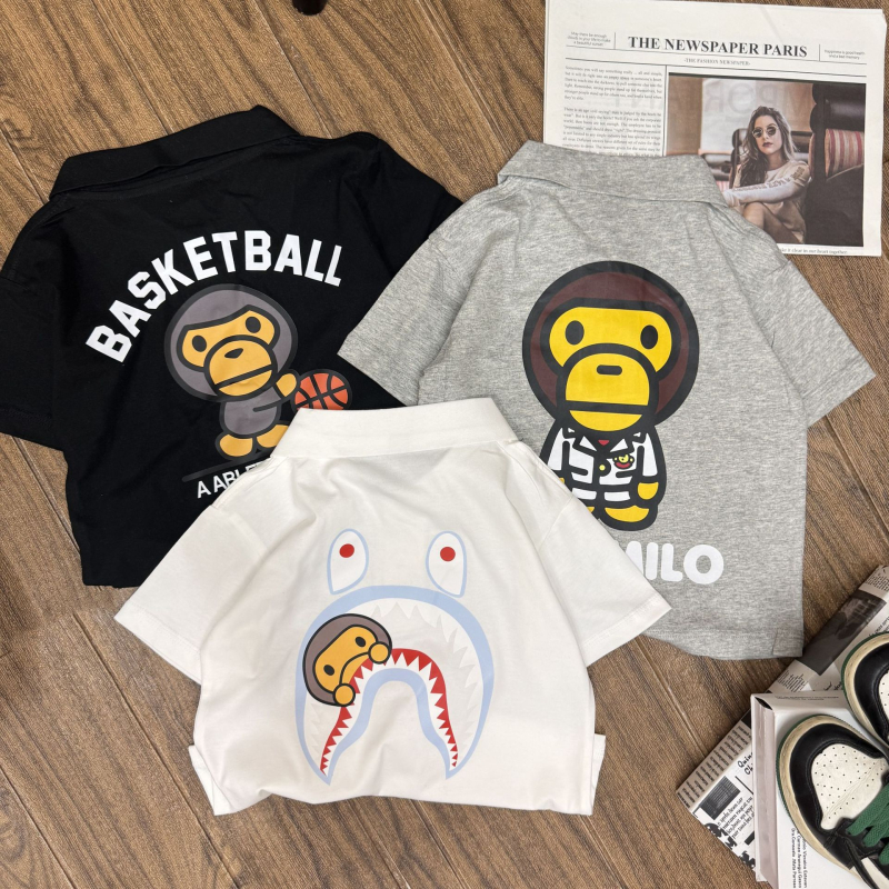 Polo din bumbac pentru copii – vară, stil lejer, mâneci scurte, imprimeu cu maimuță, vârsta 3–8 ani