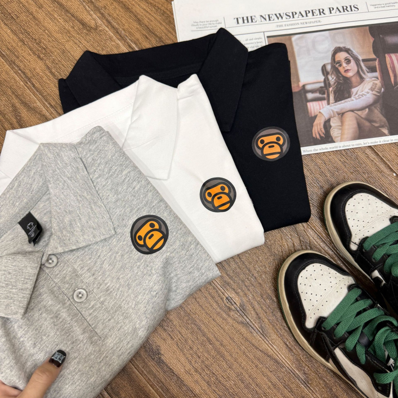 Polo din bumbac pentru copii – vară, stil lejer, mâneci scurte, imprimeu cu maimuță, vârsta 3–8 ani