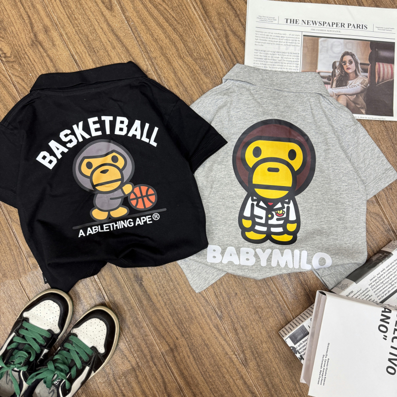 Polo din bumbac pentru copii – vară, stil lejer, mâneci scurte, imprimeu cu maimuță, vârsta 3–8 ani