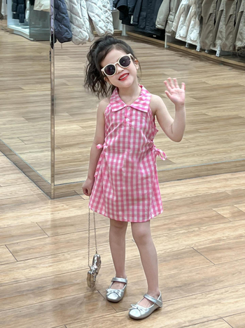 Dievčenské šaty bez rukávov s károvaným vzorom, korejský štýl, bavlnený zmes (90% bavlny), princezná strih, vek 3–8 rokov