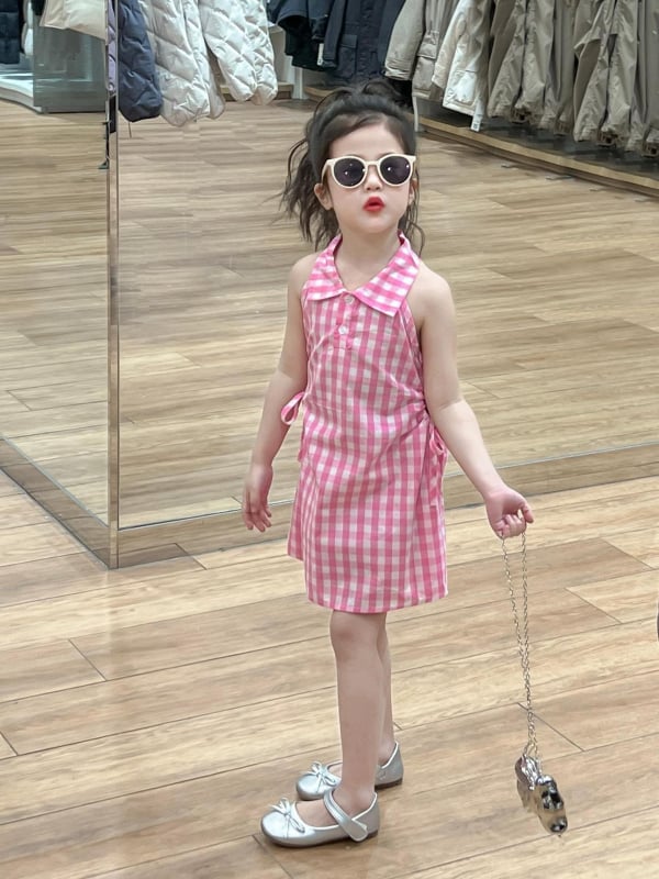 Dievčenské šaty bez rukávov s károvaným vzorom, korejský štýl, bavlnený zmes (90% bavlny), princezná strih, vek 3–8 rokov