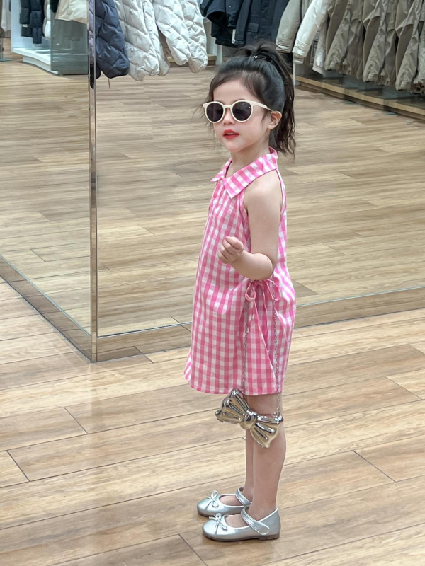 Dievčenské šaty bez rukávov s károvaným vzorom, korejský štýl, bavlnený zmes (90% bavlny), princezná strih, vek 3–8 rokov