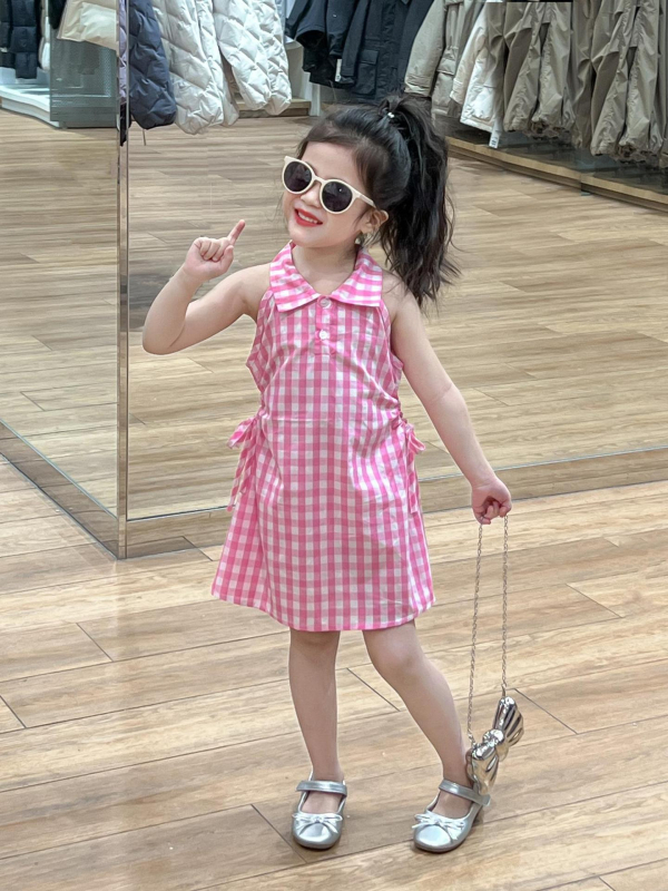 Dievčenské šaty bez rukávov s károvaným vzorom, korejský štýl, bavlnený zmes (90% bavlny), princezná strih, vek 3–8 rokov