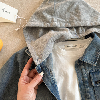 Детска деним риза Cowboy с принт букви, корейски стил, яка с лапел, дълги ръкави