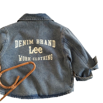 Детска деним риза Cowboy с принт букви, корейски стил, яка с лапел, дълги ръкави