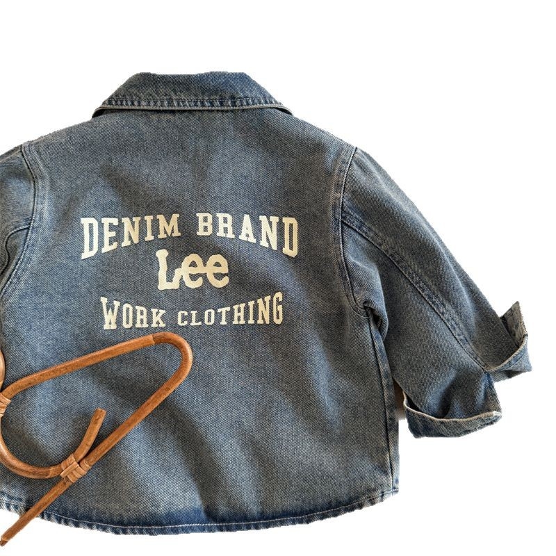 Детска деним риза Cowboy с принт букви, корейски стил, яка с лапел, дълги ръкави