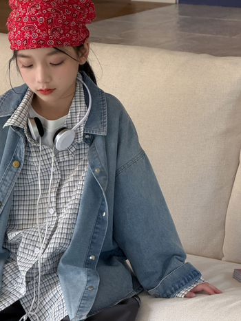 Gyerekeknek szóló pamut-denim ing-jack, koreai stílus, rever gallér, puha feldolgozású anyag, őszi 2025