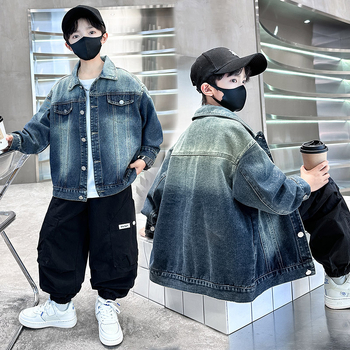 Džínová bunda pre chlapcov, bez kapucne, jednoradové zapínanie, kórejská verzia, vzor písmen, jar–jesene 2025, pre deti nad 8 rokov