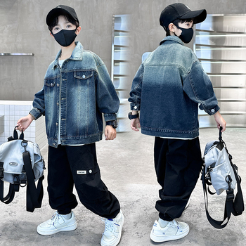 Džínová bunda pre chlapcov, bez kapucne, jednoradové zapínanie, kórejská verzia, vzor písmen, jar–jesene 2025, pre deti nad 8 rokov