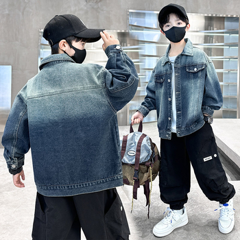 Džínová bunda pre chlapcov, bez kapucne, jednoradové zapínanie, kórejská verzia, vzor písmen, jar–jesene 2025, pre deti nad 8 rokov