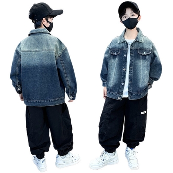 Džínová bunda pre chlapcov, bez kapucne, jednoradové zapínanie, kórejská verzia, vzor písmen, jar–jesene 2025, pre deti nad 8 rokov