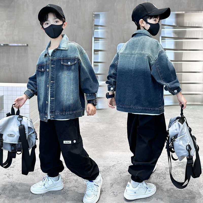 Džínová bunda pre chlapcov, bez kapucne, jednoradové zapínanie, kórejská verzia, vzor písmen, jar–jesene 2025, pre deti nad 8 rokov