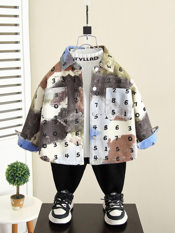 Gyerekeknek szóló ing – 90% pamut, betűs minta, reveres gallér, hosszú ujjú