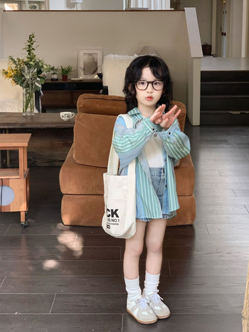 Gyerekeknek készült ing - lányoknak, Koreai stílus, reveres gallér, csíkos, hosszú ujjú, 95% pamut