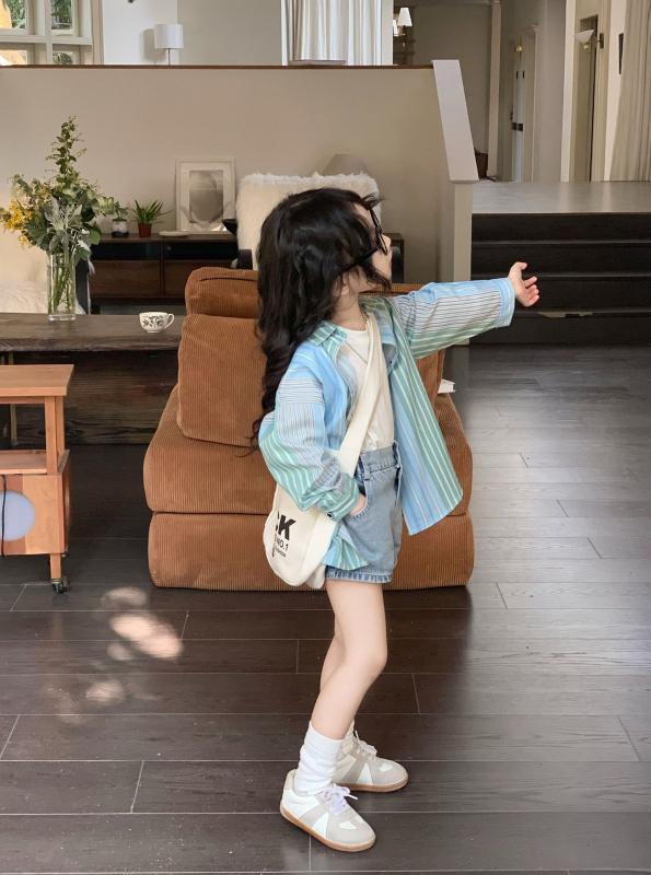 Gyerekeknek készült ing - lányoknak, Koreai stílus, reveres gallér, csíkos, hosszú ujjú, 95% pamut