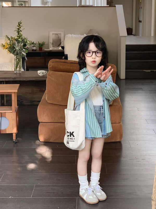 Gyerekeknek készült ing - lányoknak, Koreai stílus, reveres gallér, csíkos, hosszú ujjú, 95% pamut