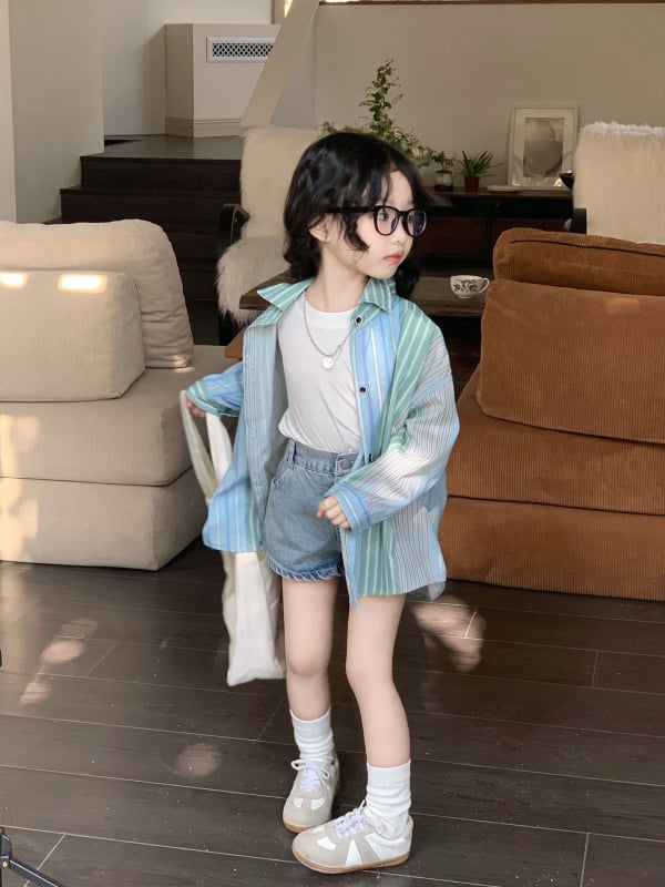 Gyerekeknek készült ing - lányoknak, Koreai stílus, reveres gallér, csíkos, hosszú ujjú, 95% pamut