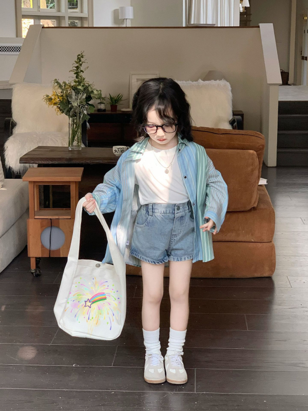 Gyerekeknek készült ing - lányoknak, Koreai stílus, reveres gallér, csíkos, hosszú ujjú, 95% pamut