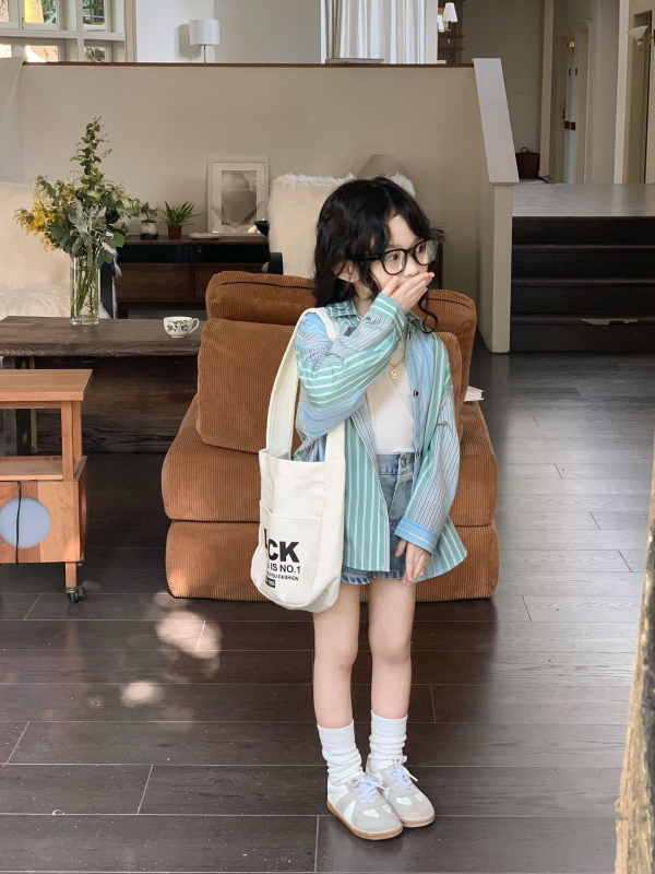 Gyerekeknek készült ing - lányoknak, Koreai stílus, reveres gallér, csíkos, hosszú ujjú, 95% pamut