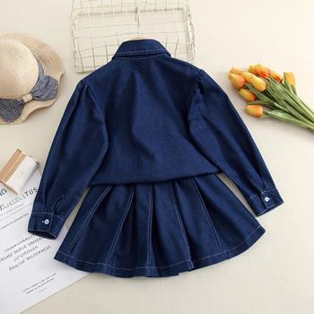 Costum din denim pentru fetițe, din două piese: cămașă denim cu rever + fustă plisată, stil coreean, mâneci lungi, pentru vârsta 3–8 ani