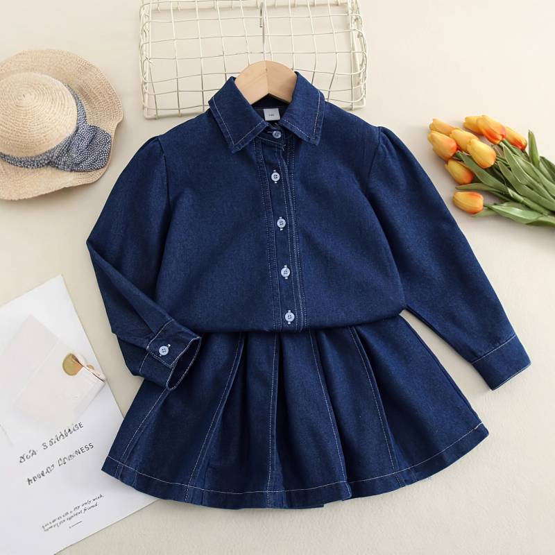 Costum din denim pentru fetițe, din două piese: cămașă denim cu rever + fustă plisată, stil coreean, mâneci lungi, pentru vârsta 3–8 ani